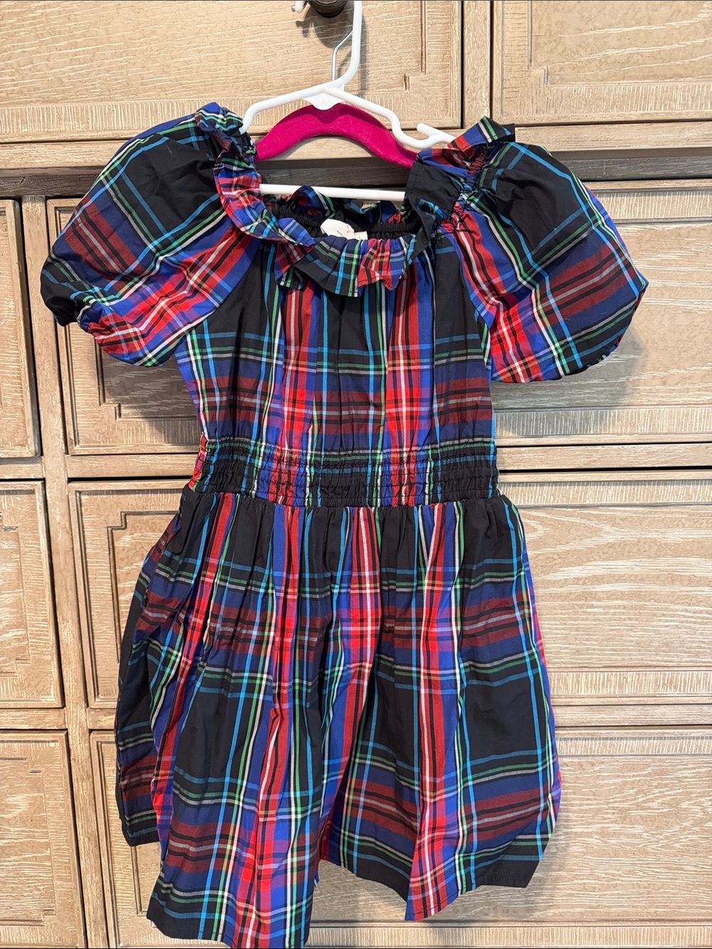 Crew Cuts Plaid Puff Sleeve Smocked Waist Dress - Black Red Blue Green